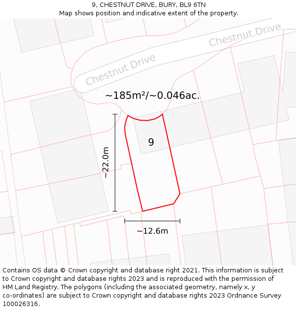 9, CHESTNUT DRIVE, BURY, BL9 6TN: Plot and title map