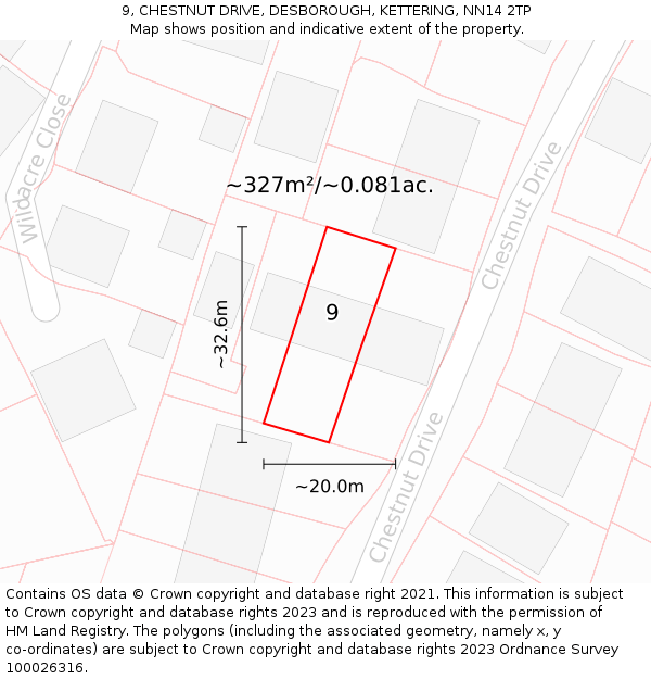 9, CHESTNUT DRIVE, DESBOROUGH, KETTERING, NN14 2TP: Plot and title map