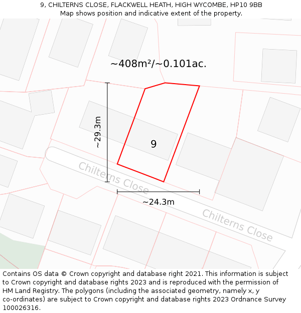 9, CHILTERNS CLOSE, FLACKWELL HEATH, HIGH WYCOMBE, HP10 9BB: Plot and title map