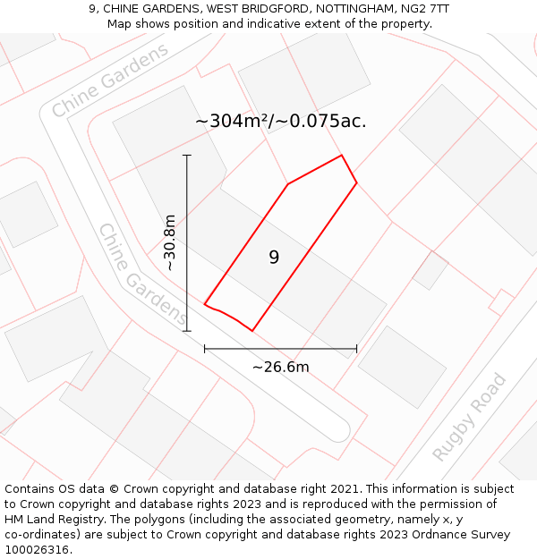 9, CHINE GARDENS, WEST BRIDGFORD, NOTTINGHAM, NG2 7TT: Plot and title map