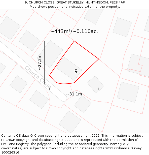 9, CHURCH CLOSE, GREAT STUKELEY, HUNTINGDON, PE28 4AP: Plot and title map