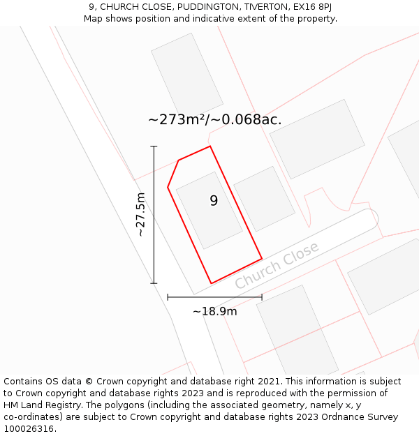 9, CHURCH CLOSE, PUDDINGTON, TIVERTON, EX16 8PJ: Plot and title map