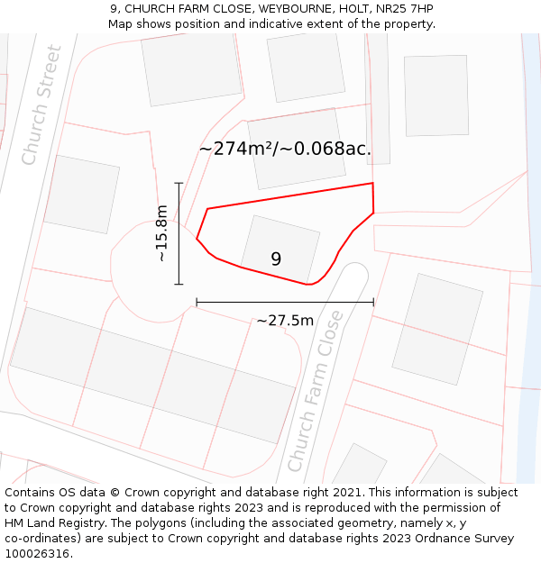 9, CHURCH FARM CLOSE, WEYBOURNE, HOLT, NR25 7HP: Plot and title map