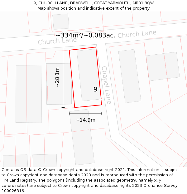 9, CHURCH LANE, BRADWELL, GREAT YARMOUTH, NR31 8QW: Plot and title map