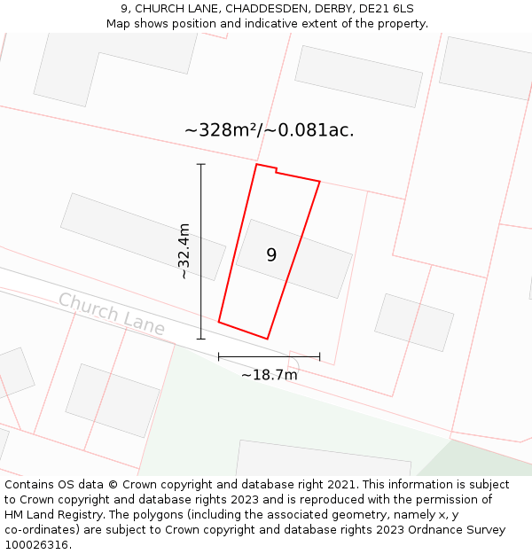 9, CHURCH LANE, CHADDESDEN, DERBY, DE21 6LS: Plot and title map