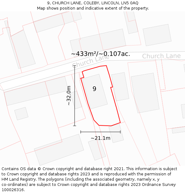 9, CHURCH LANE, COLEBY, LINCOLN, LN5 0AQ: Plot and title map