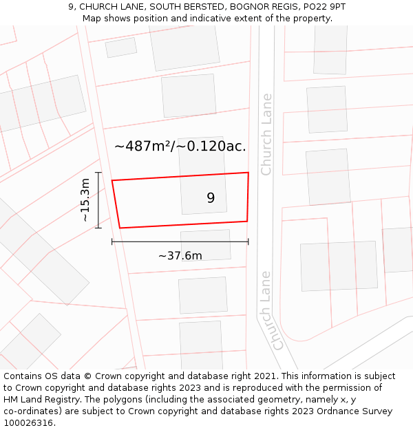 9, CHURCH LANE, SOUTH BERSTED, BOGNOR REGIS, PO22 9PT: Plot and title map