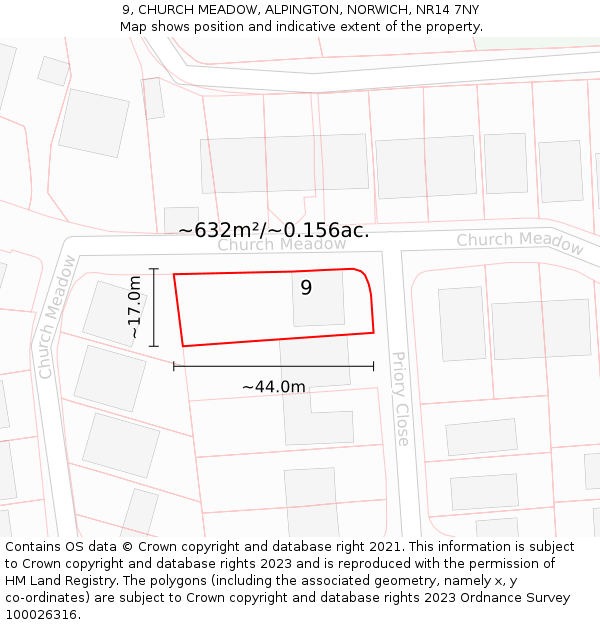 9, CHURCH MEADOW, ALPINGTON, NORWICH, NR14 7NY: Plot and title map