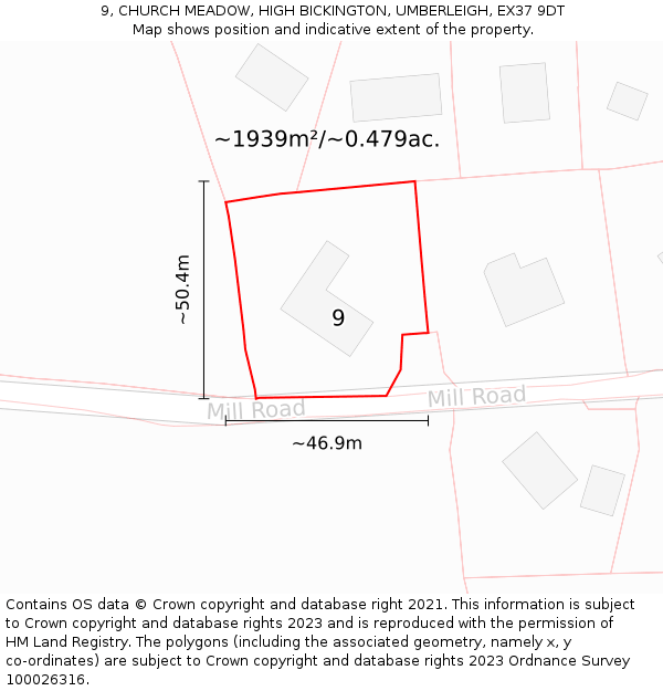 9, CHURCH MEADOW, HIGH BICKINGTON, UMBERLEIGH, EX37 9DT: Plot and title map