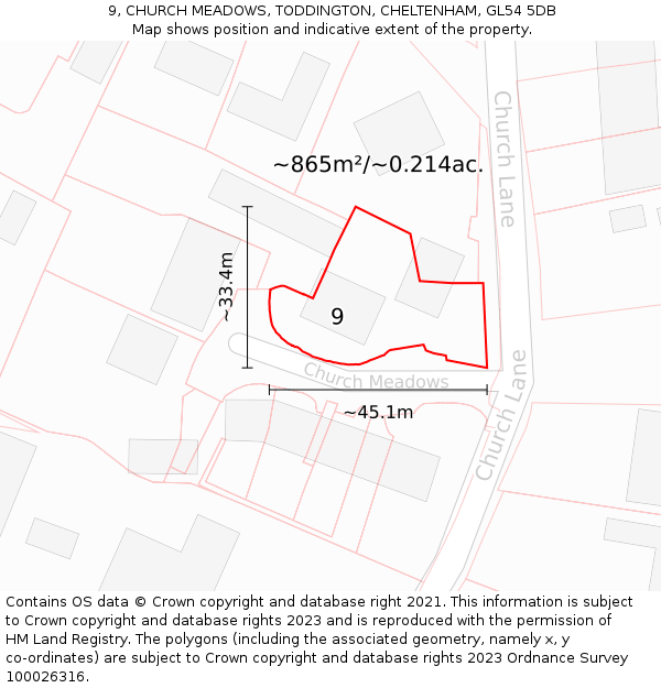 9, CHURCH MEADOWS, TODDINGTON, CHELTENHAM, GL54 5DB: Plot and title map