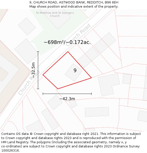 9, CHURCH ROAD, ASTWOOD BANK, REDDITCH, B96 6EH: Plot and title map