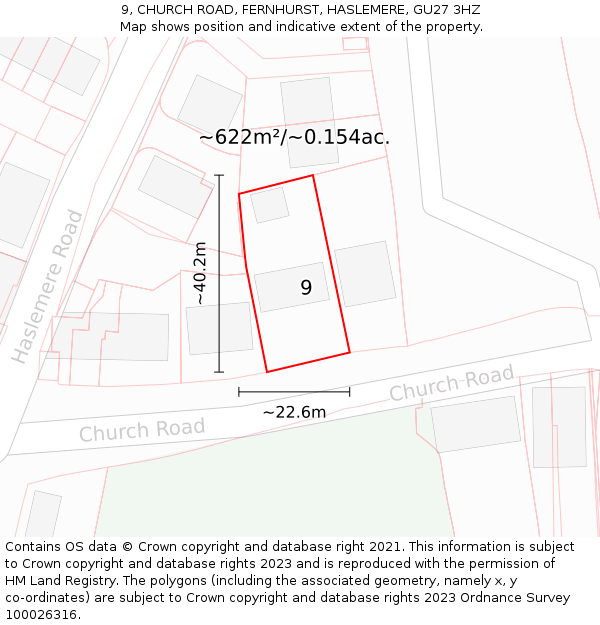 9, CHURCH ROAD, FERNHURST, HASLEMERE, GU27 3HZ: Plot and title map