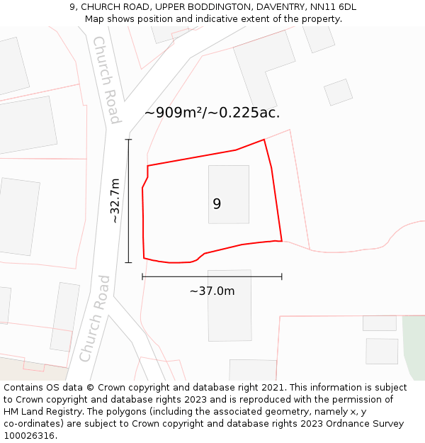 9, CHURCH ROAD, UPPER BODDINGTON, DAVENTRY, NN11 6DL: Plot and title map