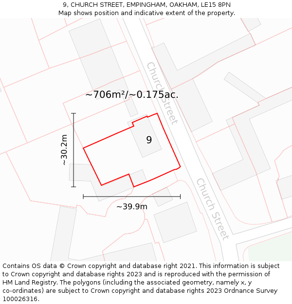 9, CHURCH STREET, EMPINGHAM, OAKHAM, LE15 8PN: Plot and title map