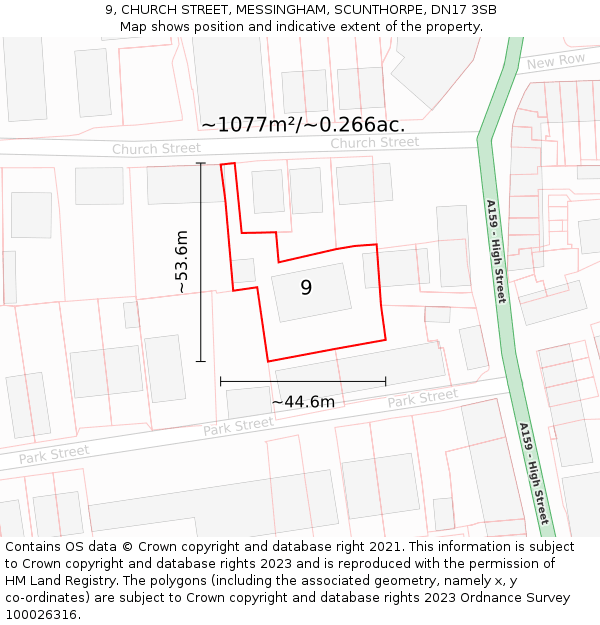 9, CHURCH STREET, MESSINGHAM, SCUNTHORPE, DN17 3SB: Plot and title map