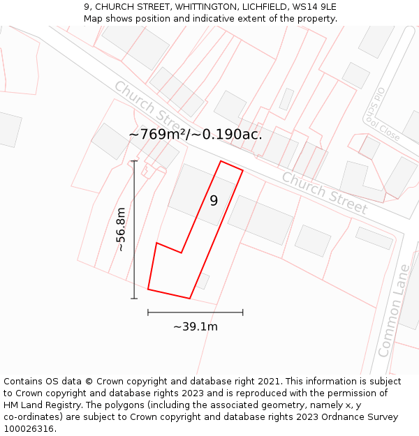 9, CHURCH STREET, WHITTINGTON, LICHFIELD, WS14 9LE: Plot and title map