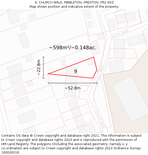 9, CHURCH WALK, RIBBLETON, PRESTON, PR2 6SZ: Plot and title map