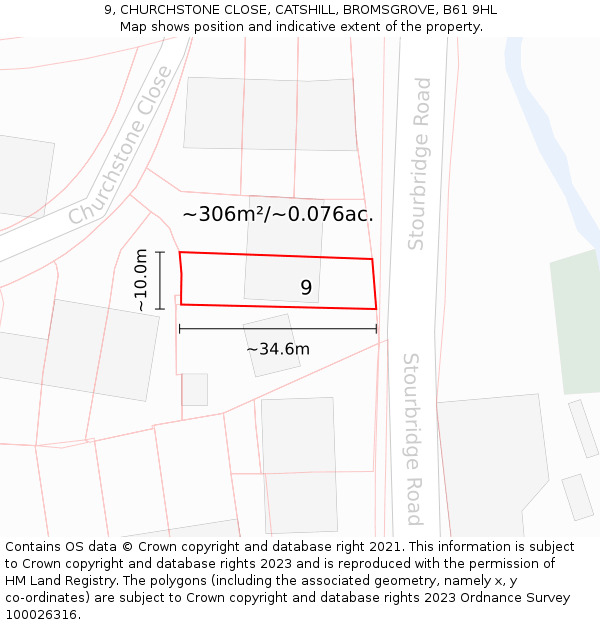 9, CHURCHSTONE CLOSE, CATSHILL, BROMSGROVE, B61 9HL: Plot and title map