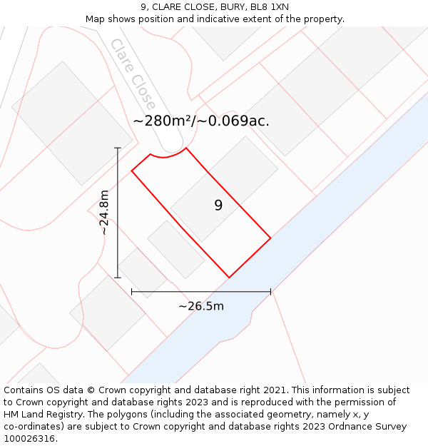 9, CLARE CLOSE, BURY, BL8 1XN: Plot and title map