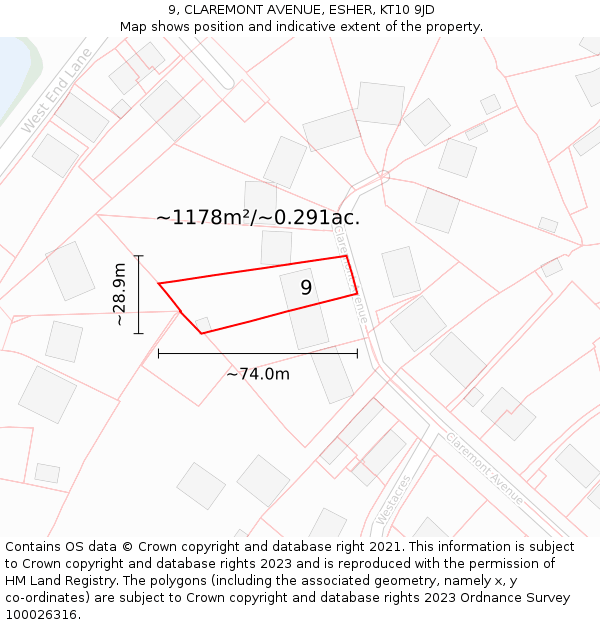 9, CLAREMONT AVENUE, ESHER, KT10 9JD: Plot and title map