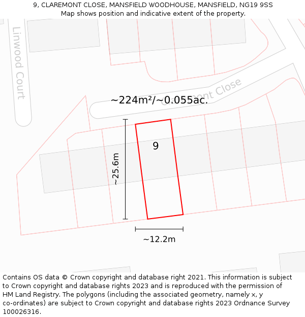 9, CLAREMONT CLOSE, MANSFIELD WOODHOUSE, MANSFIELD, NG19 9SS: Plot and title map