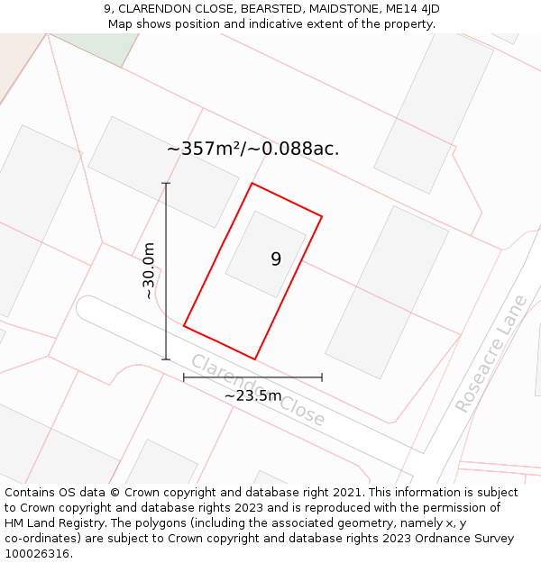 9, CLARENDON CLOSE, BEARSTED, MAIDSTONE, ME14 4JD: Plot and title map