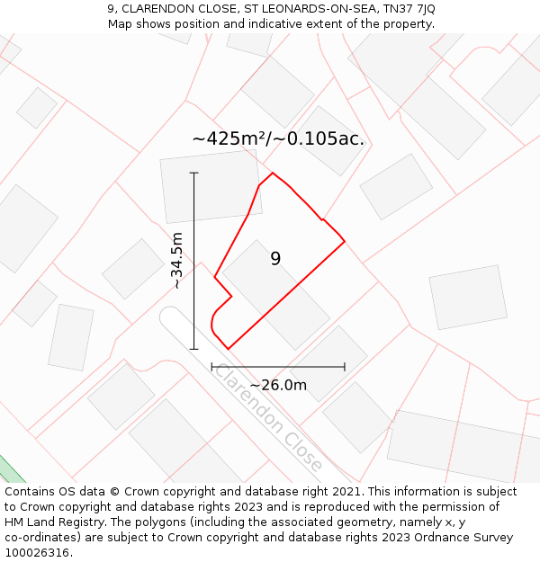 9, CLARENDON CLOSE, ST LEONARDS-ON-SEA, TN37 7JQ: Plot and title map