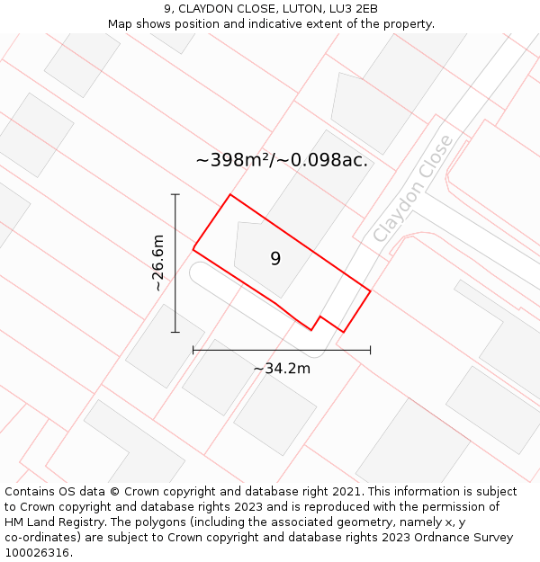 9, CLAYDON CLOSE, LUTON, LU3 2EB: Plot and title map