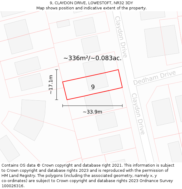 9, CLAYDON DRIVE, LOWESTOFT, NR32 3DY: Plot and title map