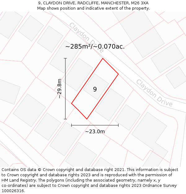 9, CLAYDON DRIVE, RADCLIFFE, MANCHESTER, M26 3XA: Plot and title map