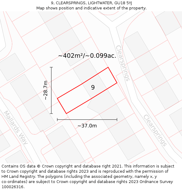 9, CLEARSPRINGS, LIGHTWATER, GU18 5YJ: Plot and title map