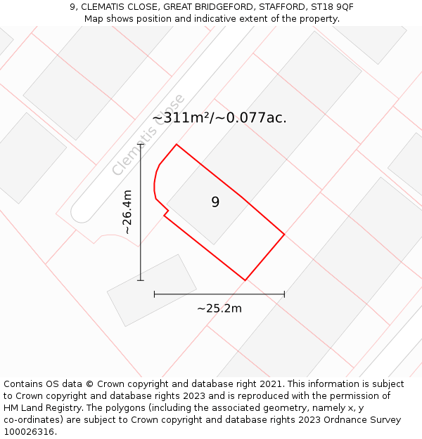 9, CLEMATIS CLOSE, GREAT BRIDGEFORD, STAFFORD, ST18 9QF: Plot and title map