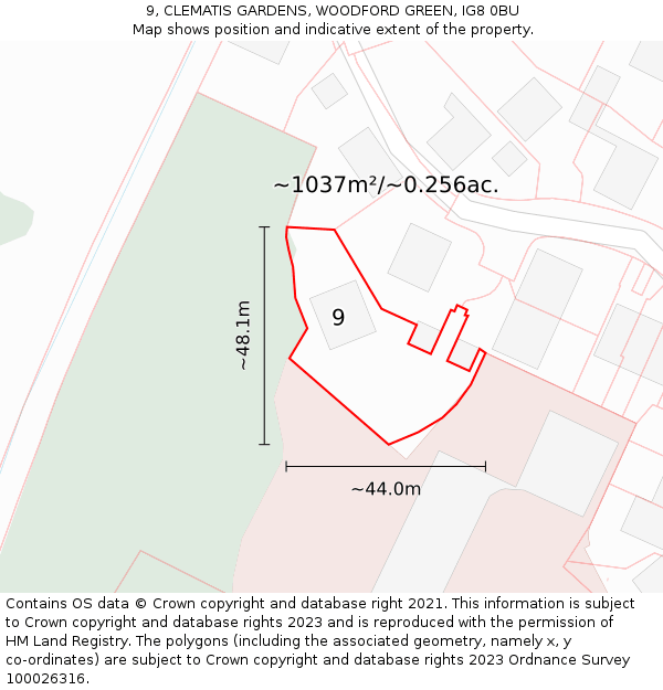 9, CLEMATIS GARDENS, WOODFORD GREEN, IG8 0BU: Plot and title map