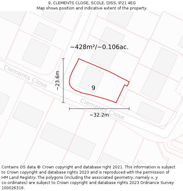 9, CLEMENTS CLOSE, SCOLE, DISS, IP21 4EG: Plot and title map