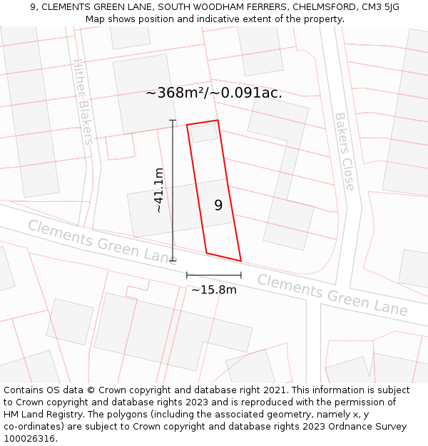 9, CLEMENTS GREEN LANE, SOUTH WOODHAM FERRERS, CHELMSFORD, CM3 5JG: Plot and title map