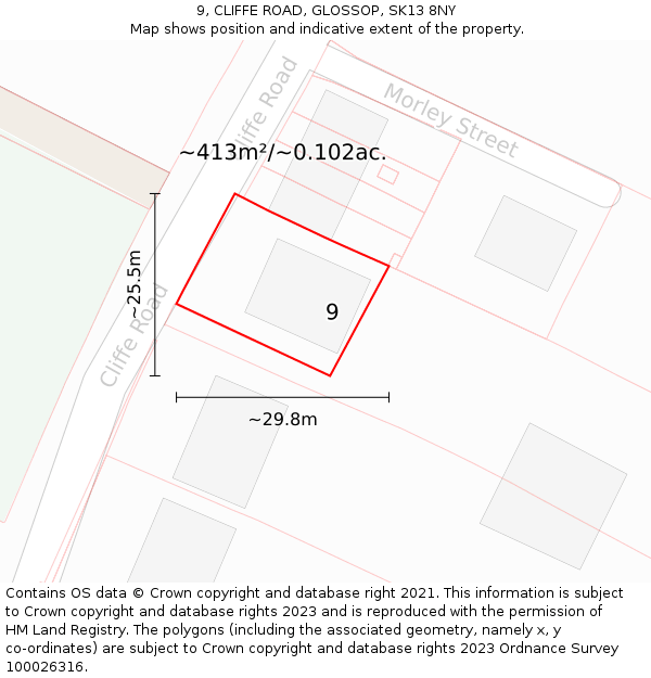 9, CLIFFE ROAD, GLOSSOP, SK13 8NY: Plot and title map