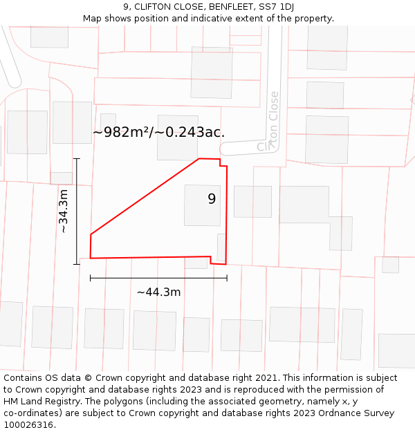 9, CLIFTON CLOSE, BENFLEET, SS7 1DJ: Plot and title map