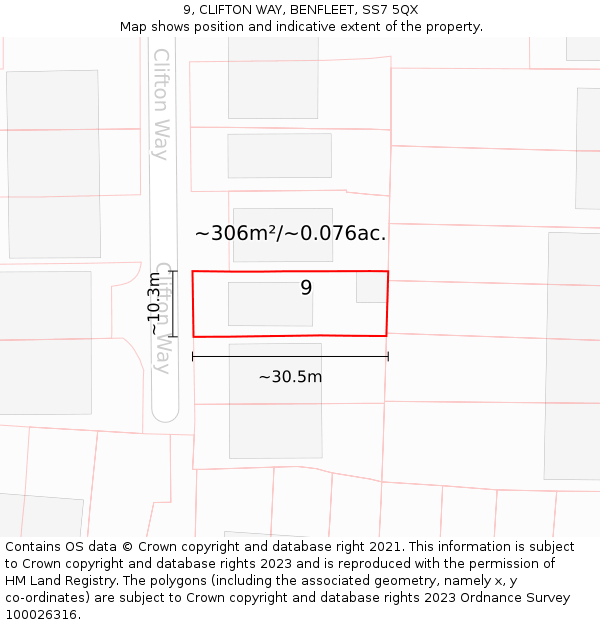 9, CLIFTON WAY, BENFLEET, SS7 5QX: Plot and title map