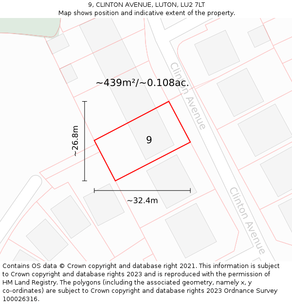 9, CLINTON AVENUE, LUTON, LU2 7LT: Plot and title map