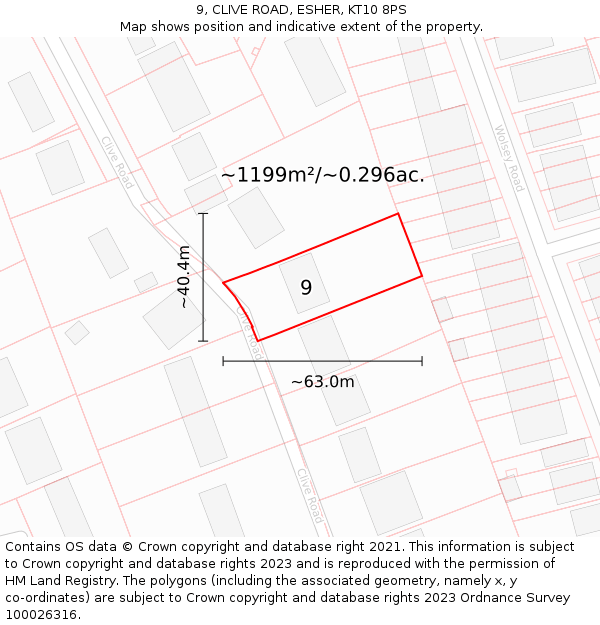 9, CLIVE ROAD, ESHER, KT10 8PS: Plot and title map