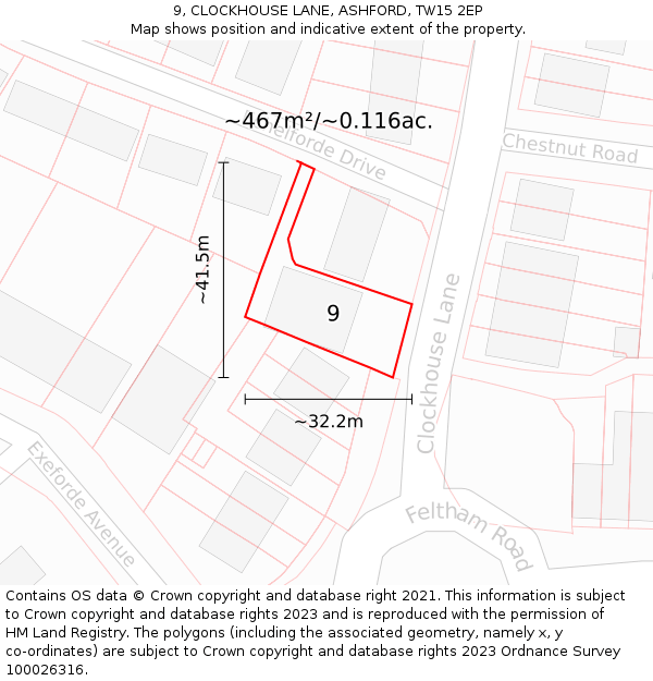 9, CLOCKHOUSE LANE, ASHFORD, TW15 2EP: Plot and title map