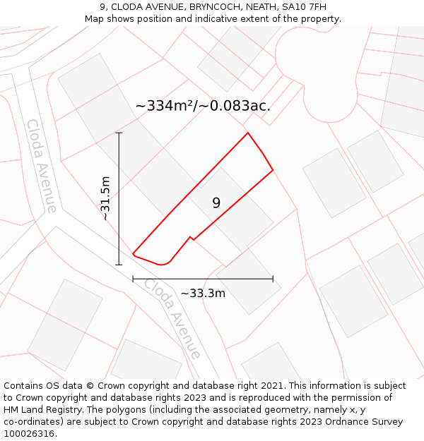 9, CLODA AVENUE, BRYNCOCH, NEATH, SA10 7FH: Plot and title map
