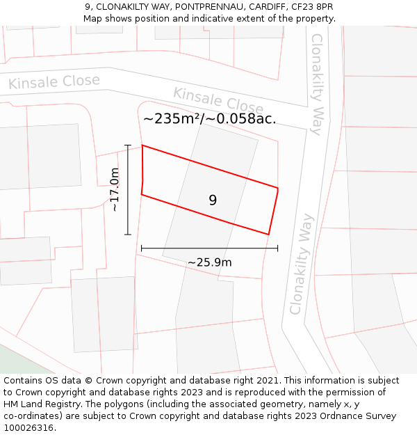 9, CLONAKILTY WAY, PONTPRENNAU, CARDIFF, CF23 8PR: Plot and title map