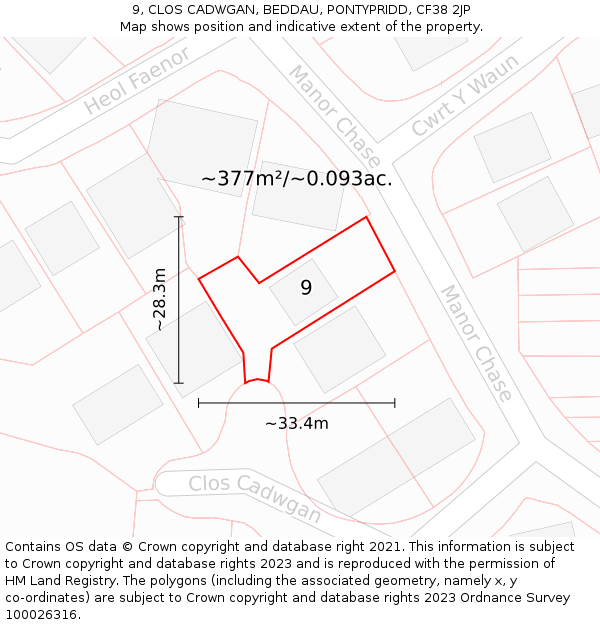 9, CLOS CADWGAN, BEDDAU, PONTYPRIDD, CF38 2JP: Plot and title map