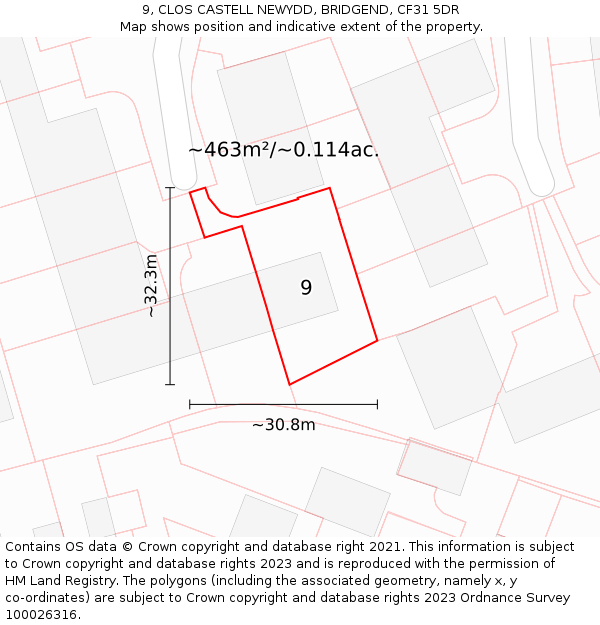 9, CLOS CASTELL NEWYDD, BRIDGEND, CF31 5DR: Plot and title map