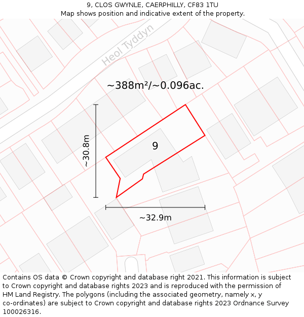 9, CLOS GWYNLE, CAERPHILLY, CF83 1TU: Plot and title map