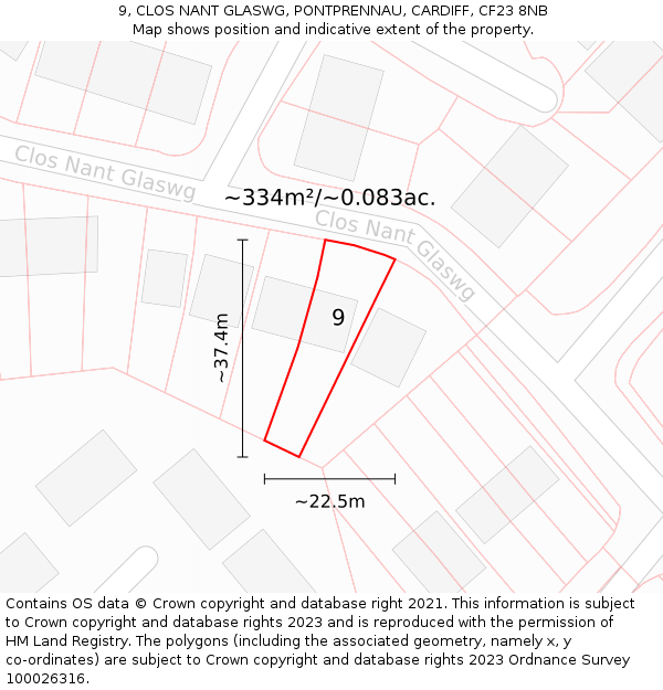 9, CLOS NANT GLASWG, PONTPRENNAU, CARDIFF, CF23 8NB: Plot and title map