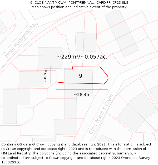 9, CLOS NANT Y CWM, PONTPRENNAU, CARDIFF, CF23 8LG: Plot and title map