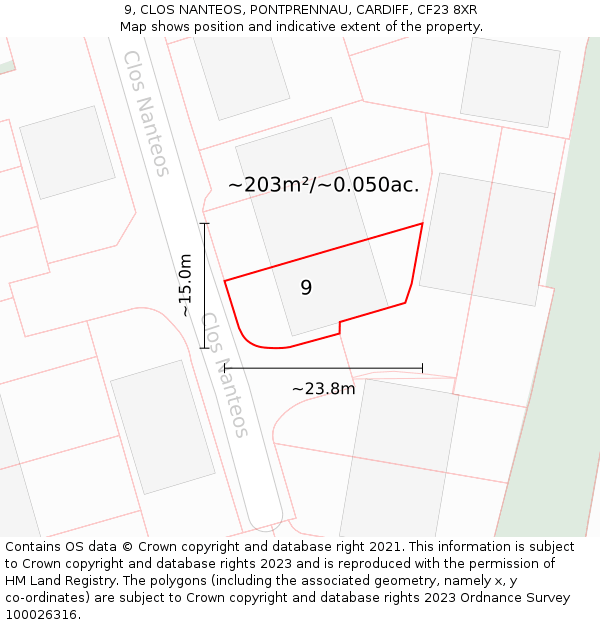 9, CLOS NANTEOS, PONTPRENNAU, CARDIFF, CF23 8XR: Plot and title map