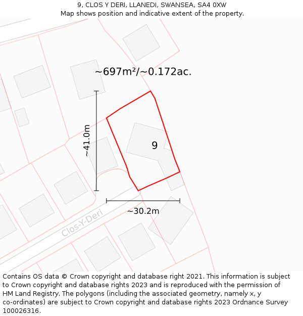 9, CLOS Y DERI, LLANEDI, SWANSEA, SA4 0XW: Plot and title map